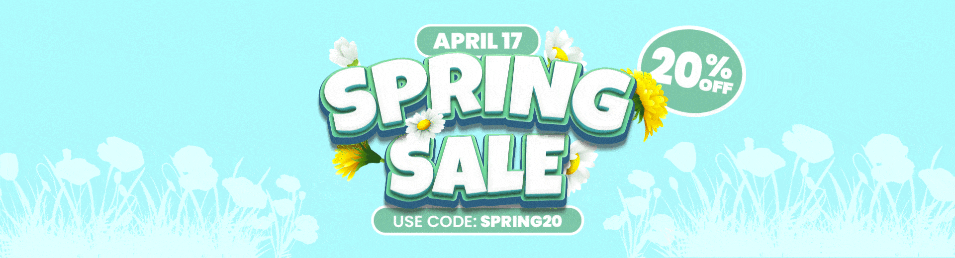 Spring sale banner with flowers, April 17, 20% off, use code SPRING20.