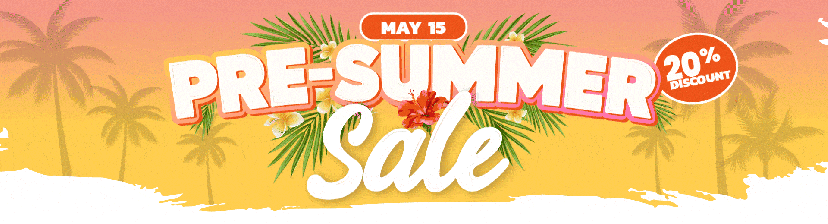 Pre-summer sale with 20% discount, palm trees background.