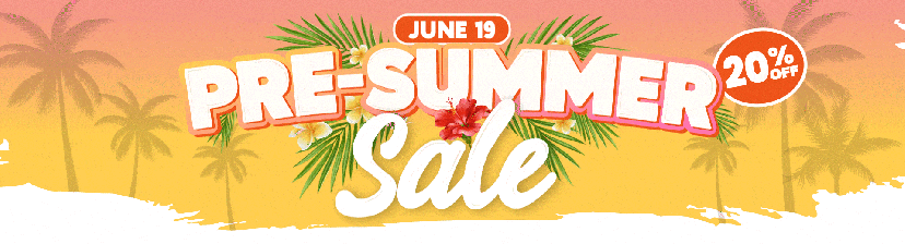 Pre-Summer Sale banner with tropical theme and 20% off.